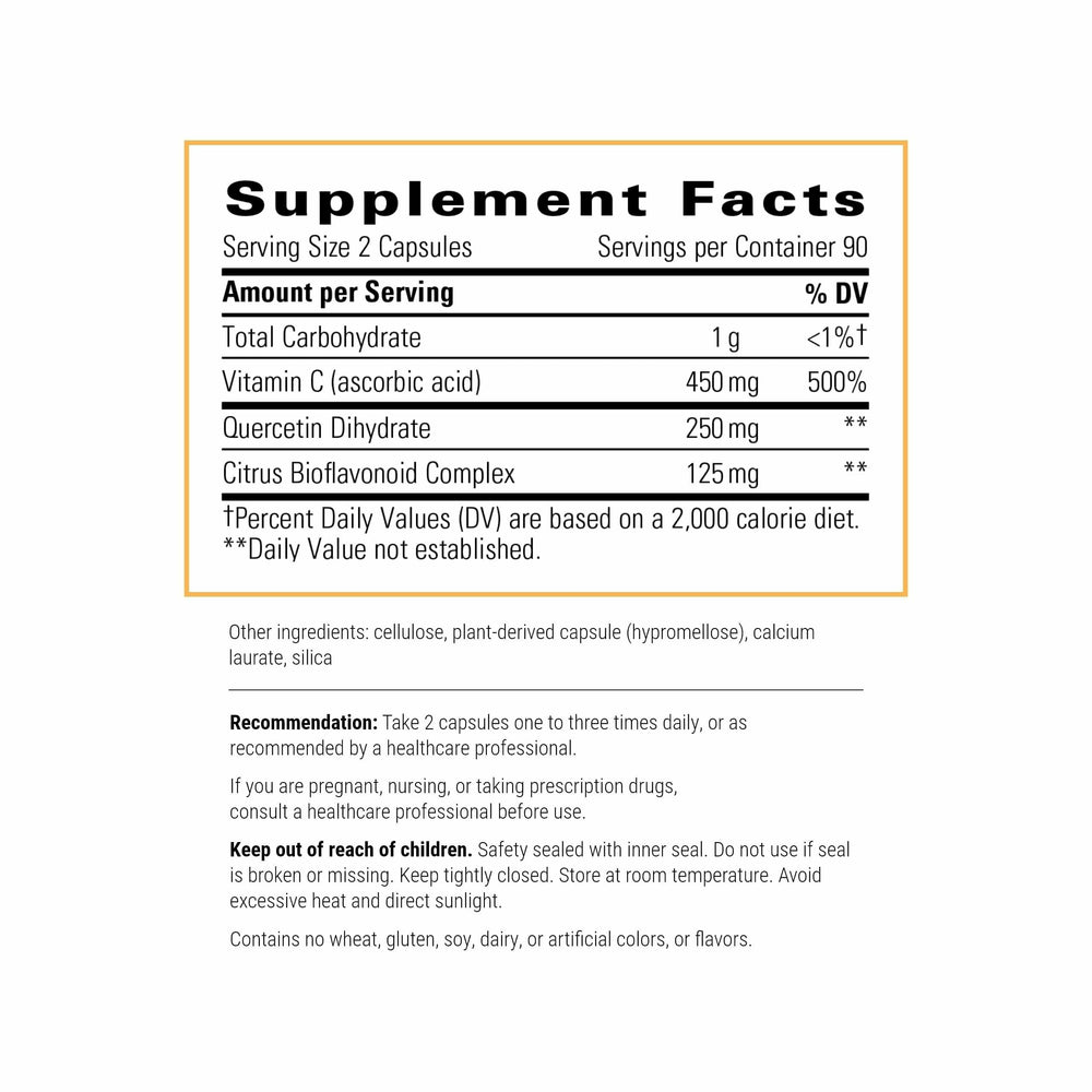 Integrative Therapeutics bottle label detail highlighting quercetin and citrus bioflavonoids.
