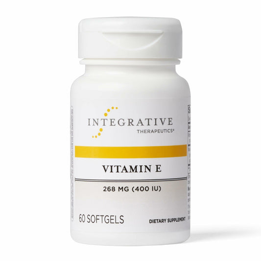 Front view of Integrative Therapeutics Vitamin E bottle with 60 softgels