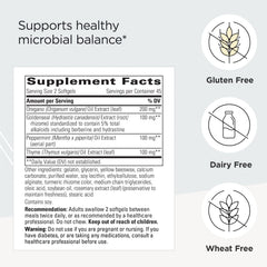 Herbal blend ingredients including oregano, goldenseal, peppermint, and thyme