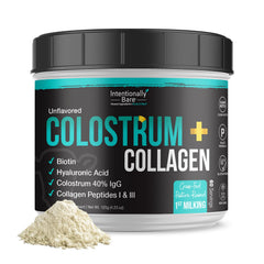Product tub labeled Intentionally Bare Colostrum and Collagen Powder