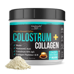 Canister of Intentionally Bare Colostrum and Collagen Powder with coffee flavor