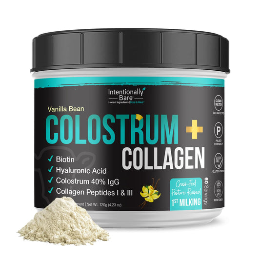 Intentionally Bare Colostrum and Collagen Powder vanilla bean flavor bottle