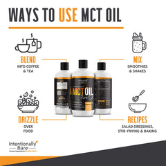 Coconut-derived MCT oil bottle on kitchen counter