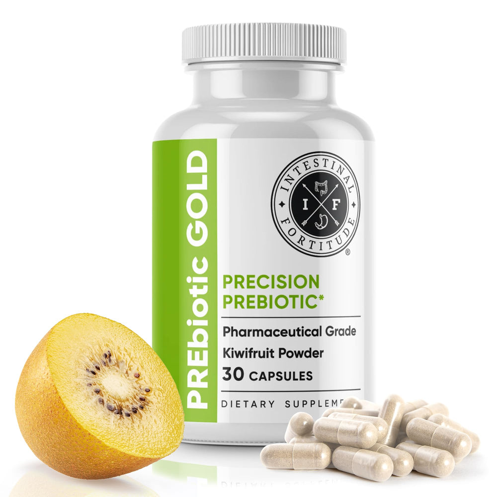 Intestinal Fortitude PREbiotic Gold bottle with kiwifruit illustration
