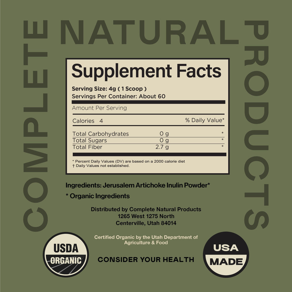 Inulin powder bottle with label details