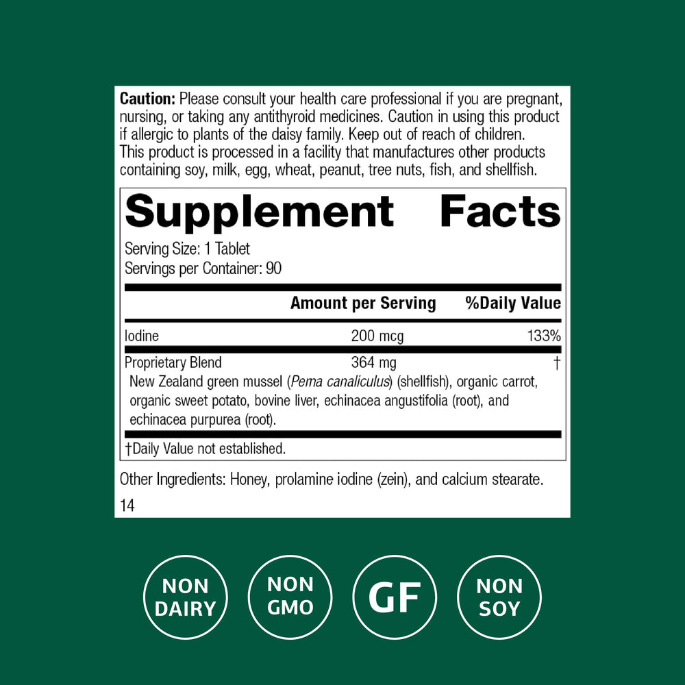 Close-up of Iodomere label highlighting 200 mcg iodine per tablet