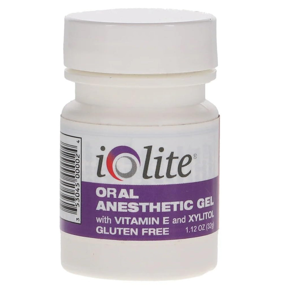 Front view of IOLITE Oral Topical Gel packaging in grape flavor
