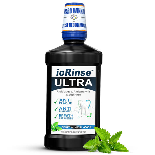 ioRinse Ultra Mouthwash hero image with bottle and packaging