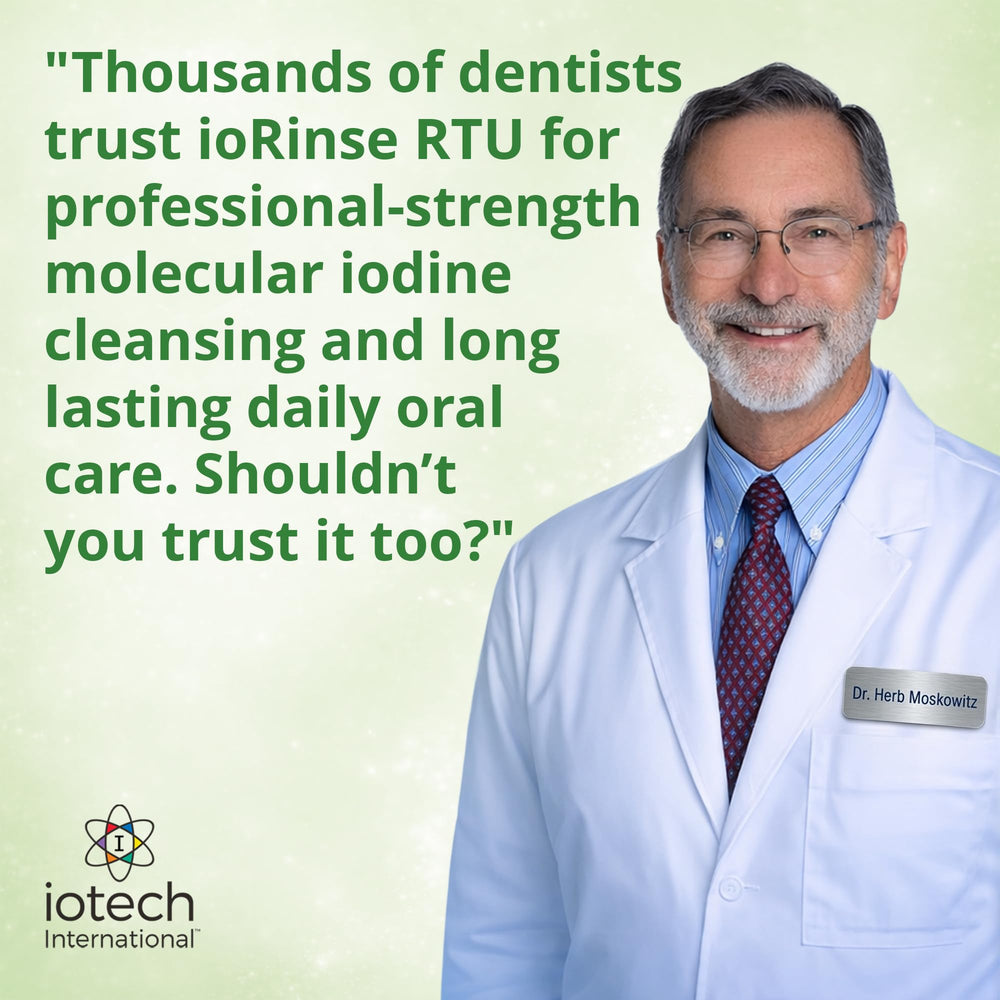 Iotech ioRinse RTU bottle in dental clinic setting indicating professional acceptance