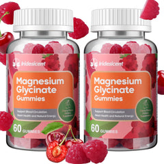 Bottle of IRIDESICENT Magnesium Glycinate Gummies 400mg with Ashwagandha, Zinc, vegan (120 cherry gummies)