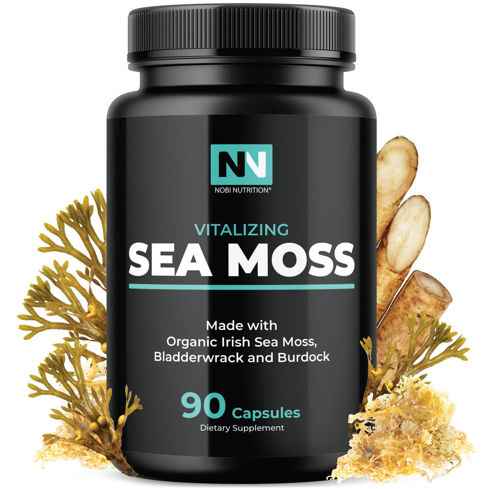 Front view of Irish Sea Moss Capsules bottle with organic ingredients