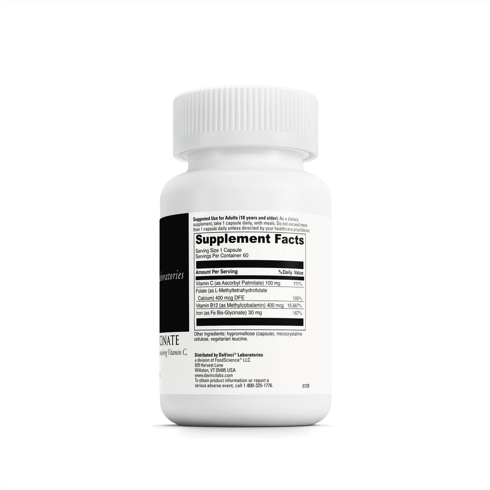 Close-up of iron bis-glycinate ingredients including folate, vitamin B12 and vitamin C