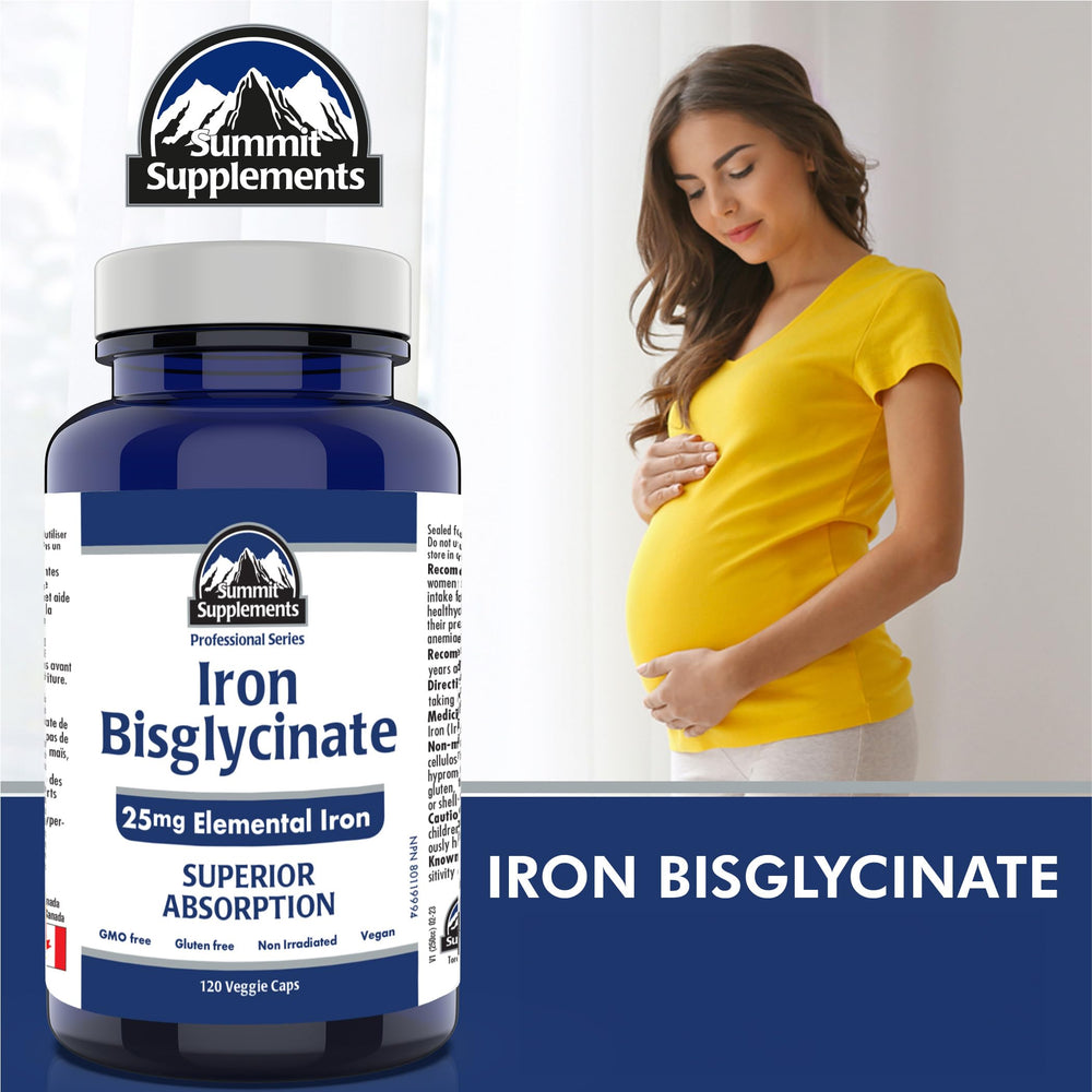 Iron bisglycinate packaging showing 25mg elemental iron