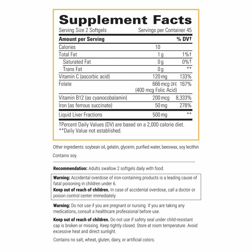 Close-up of Iron Complex bottle label highlighting energy support