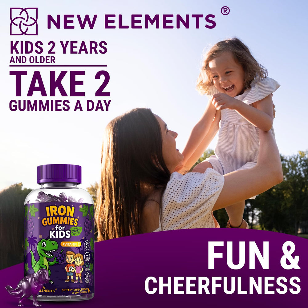 Pack of 2 Iron Dinosaur Gummies for Kids with Vitamin C grape flavor.