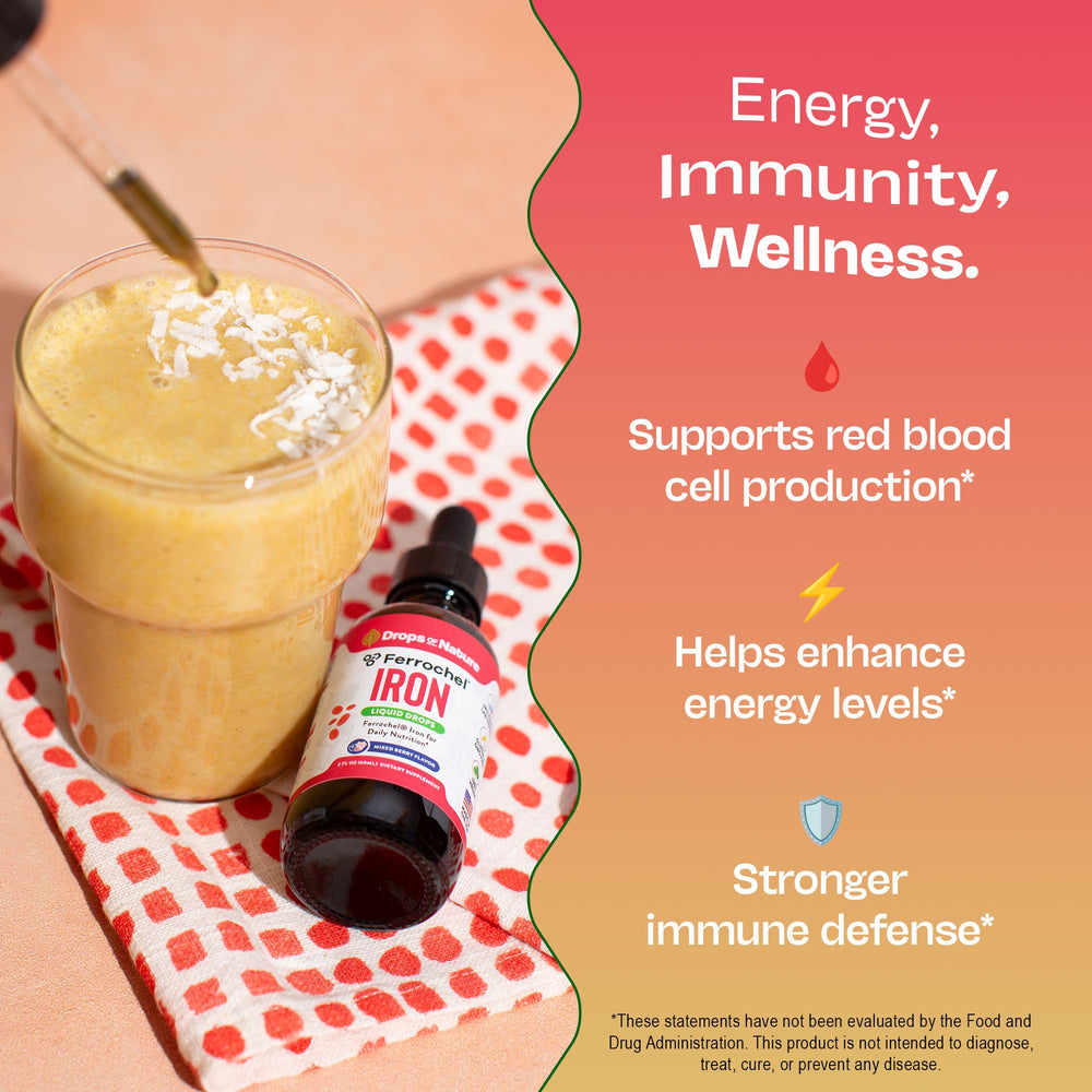 Concept image of immunity and energy support with iron drops