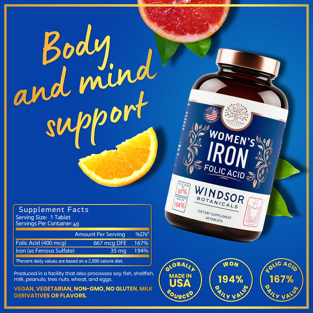 Close-up of vegan iron tablets in bottle