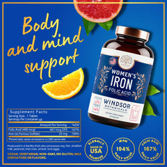 Close-up of vegan iron tablets in bottle