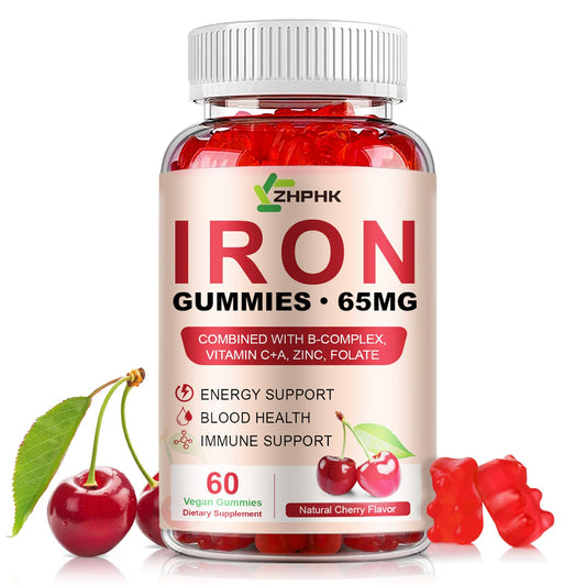 Close-up of iron gummies showing 65mg iron and 250mg vitamin C per serving