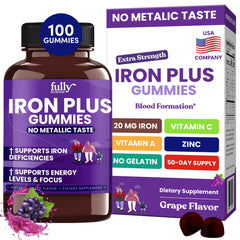 Front label of Iron Gummies grape flavor bottle