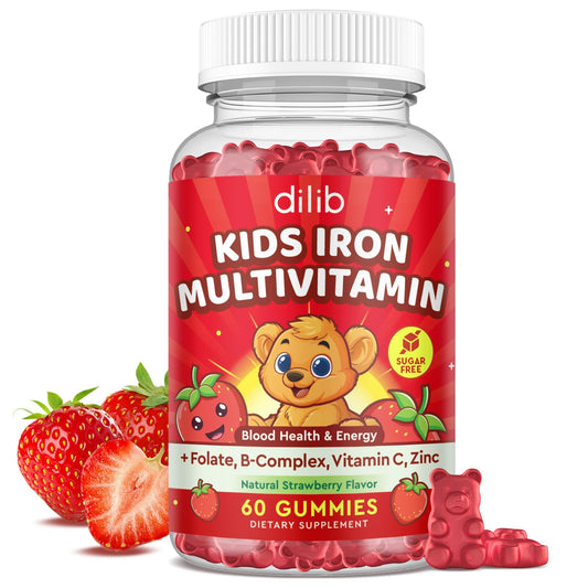 Front view of strawberry flavored iron gummies for kids (60 count)
