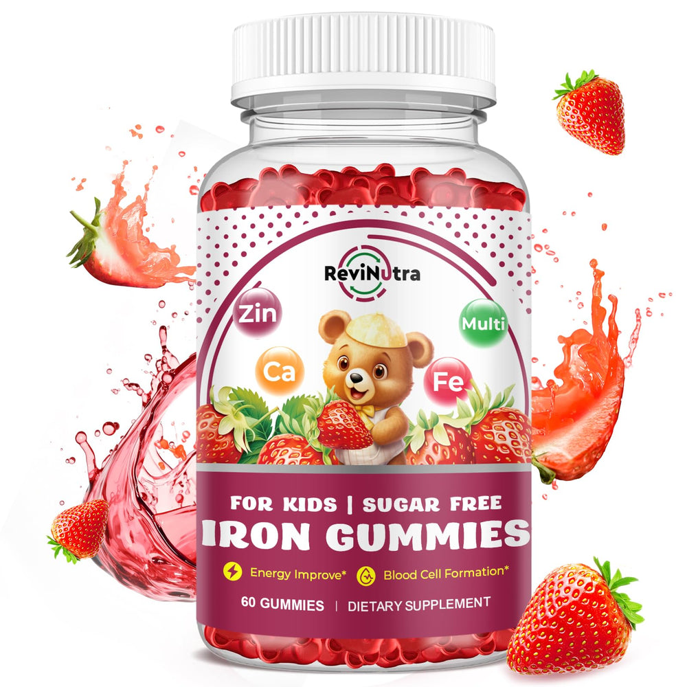 Strawberry-flavored iron gummies for kids in a 60-count bottle
