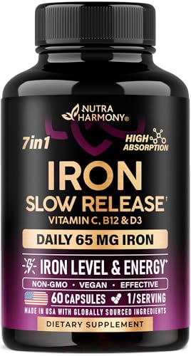 Iron 65mg slow-release supplement bottle – front view