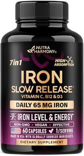 Iron 65mg slow-release supplement bottle – front view