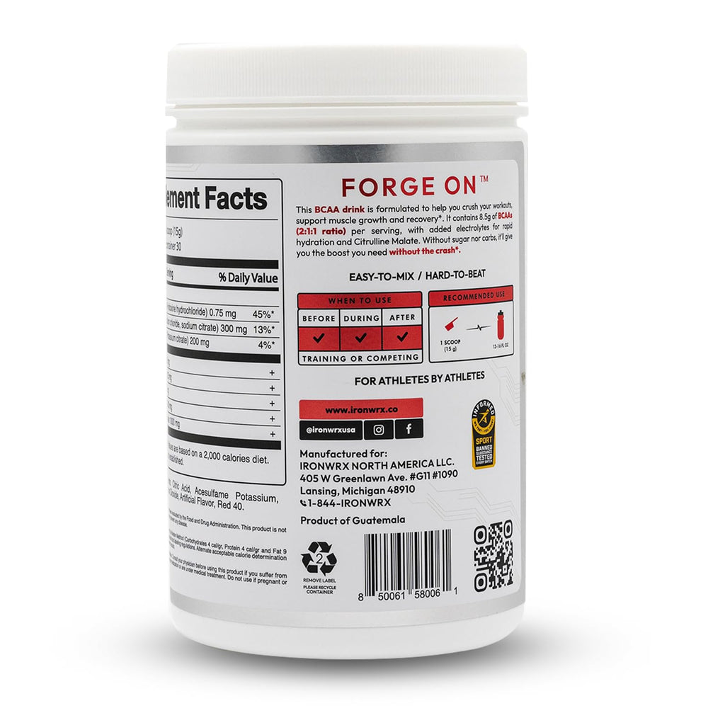 Label highlights 2:1:1 BCAA ratio and 8g BCAAs per serving
