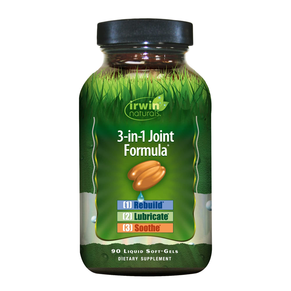 Front view of Irwin Naturals 3in-1 Joint Formula bottle with 90 liquid softgels