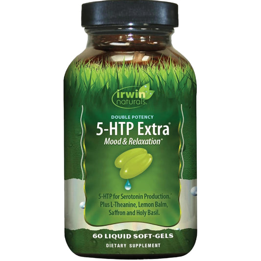 Bottle of Irwin Naturals Double Potency 5-HTP Extra - 60 liquid soft-gels