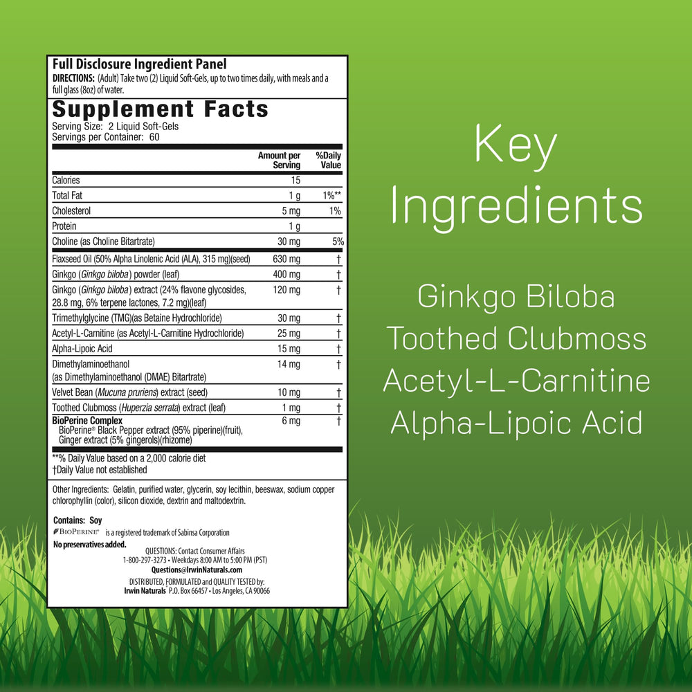 Close up of Ginkgo Smart bottle label showing standardized 24% flavone glycosides and 6% terpene lactones