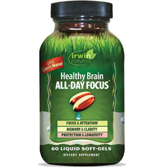 Irwin Naturals Healthy Brain All-Day Focus bottle and packaging on white background