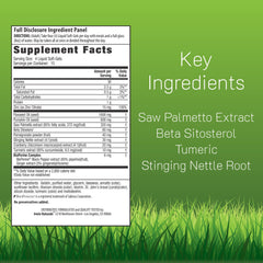 Front label highlighting prostate and urinary support benefits