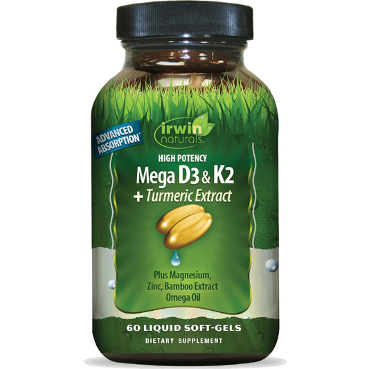 Front view of Irwin Naturals High Potency Mega D3 & K2 + Turmeric Soft-Gels bottle