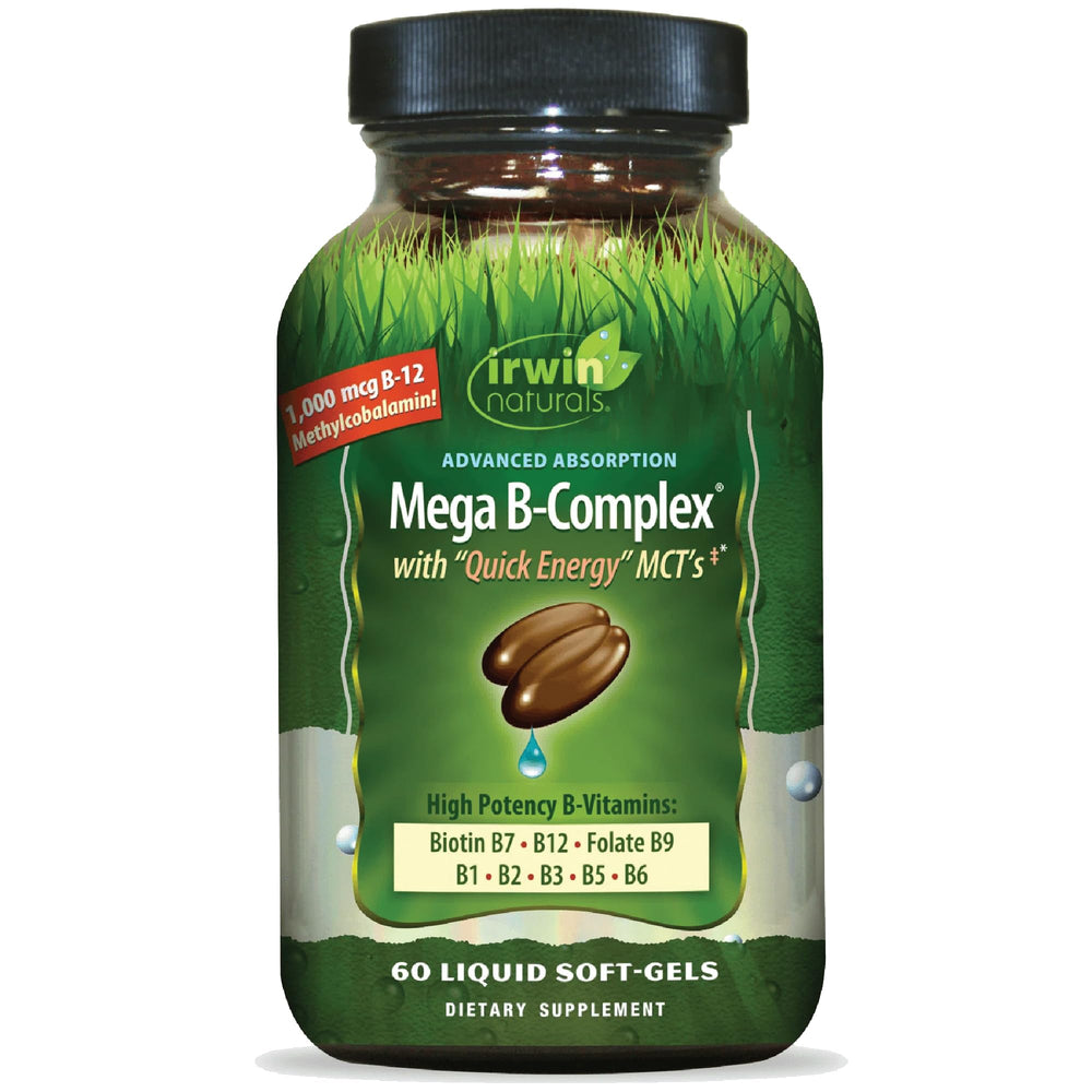 Irwin Naturals Mega B-Complex bottle with 60 liquid softgels