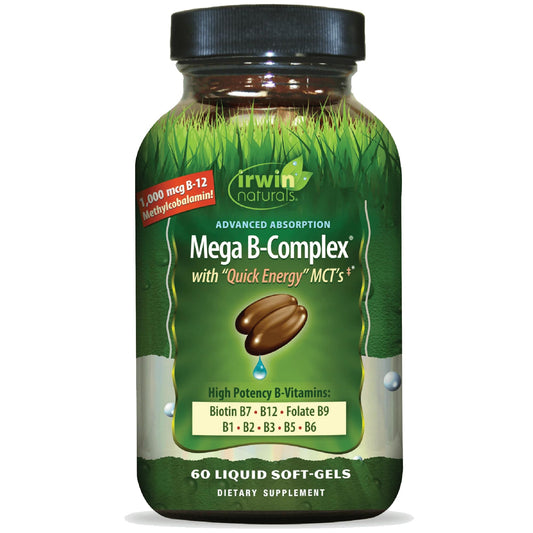 Irwin Naturals Mega B-Complex bottle with 60 liquid softgels