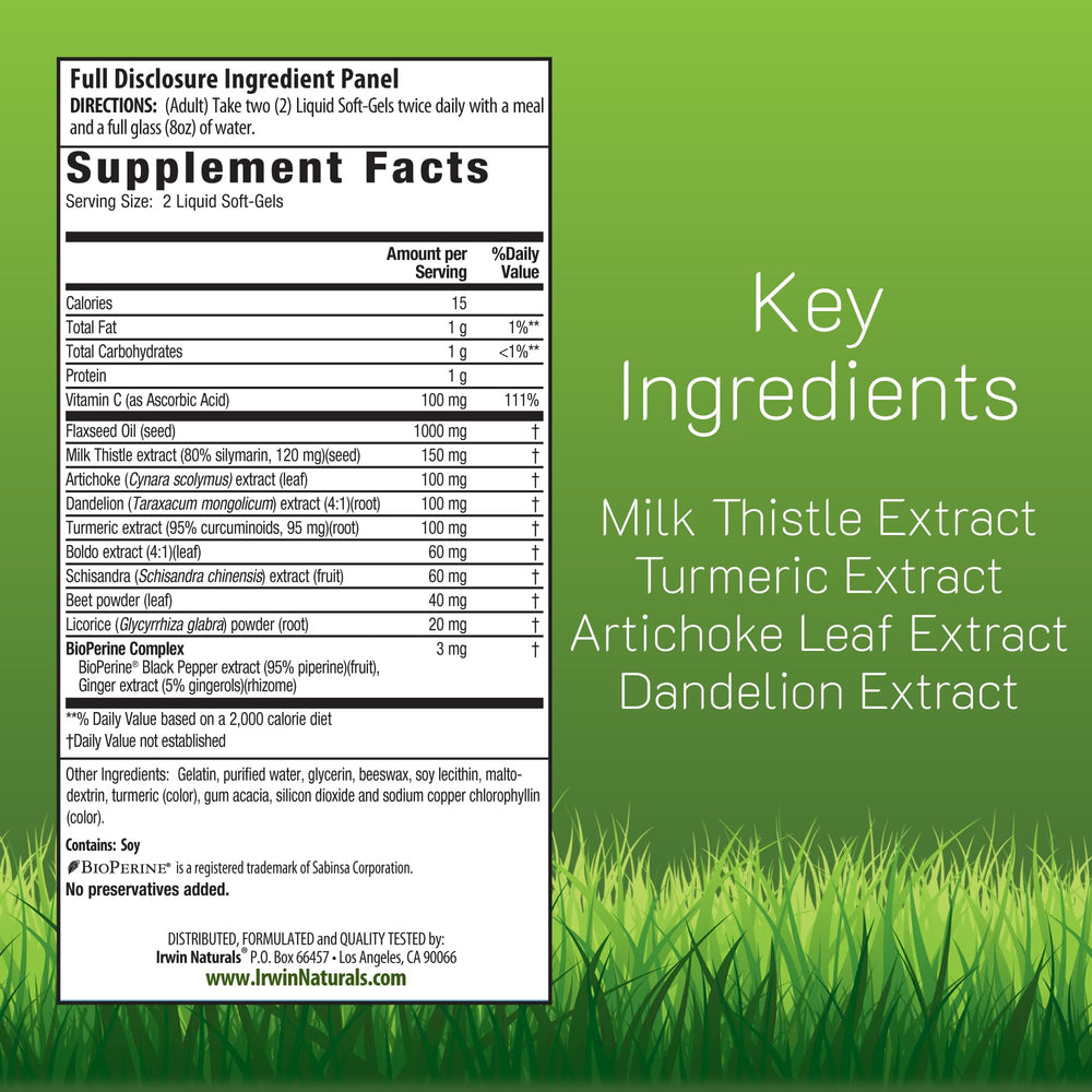 Close-up of Irwin Naturals Milk Thistle Liver Detox soft-gels for easy swallowing