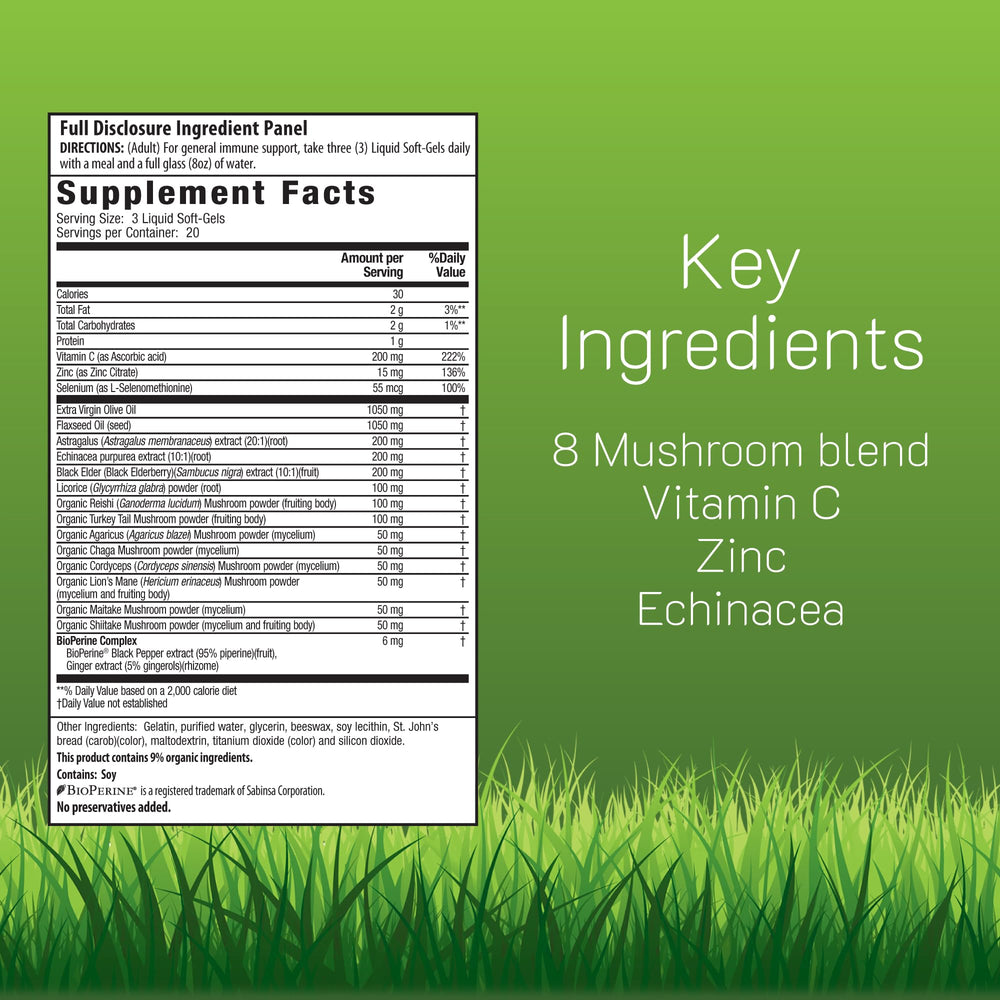 Product label highlighting Eight Mushroom Blend and Immune Support