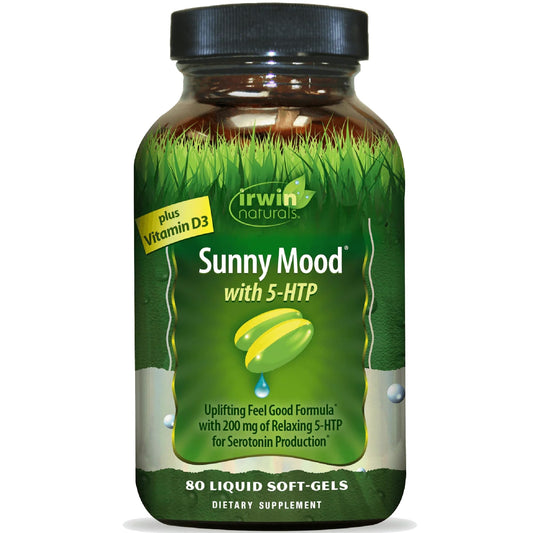 Front view of Irwin Naturals Sunny Mood 5-HTP 80 soft-gels bottle