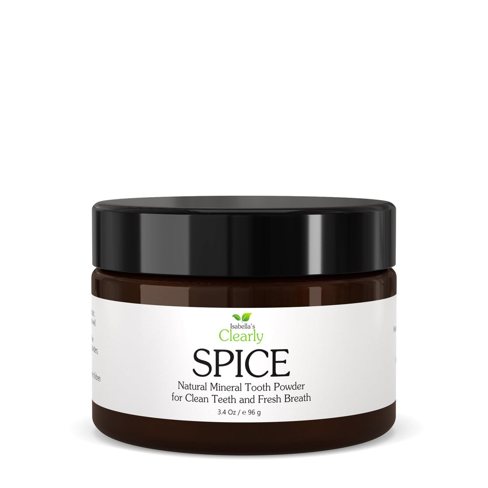 Isabella’s Clearly Spice remineralizing tooth powder jar on a white background