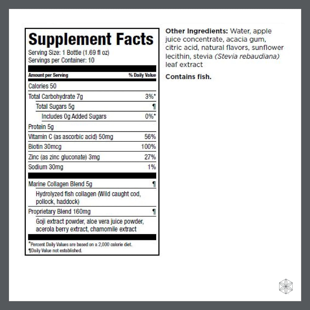 Ingredients: marine collagen peptides, vitamin C, zinc and biotin