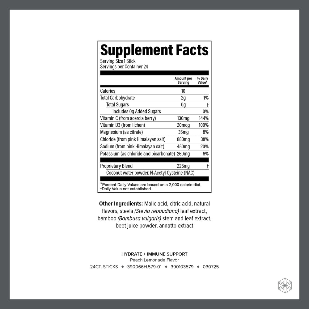 Close-up of the Peach Lemonade label on Hydrate + Immune Support package