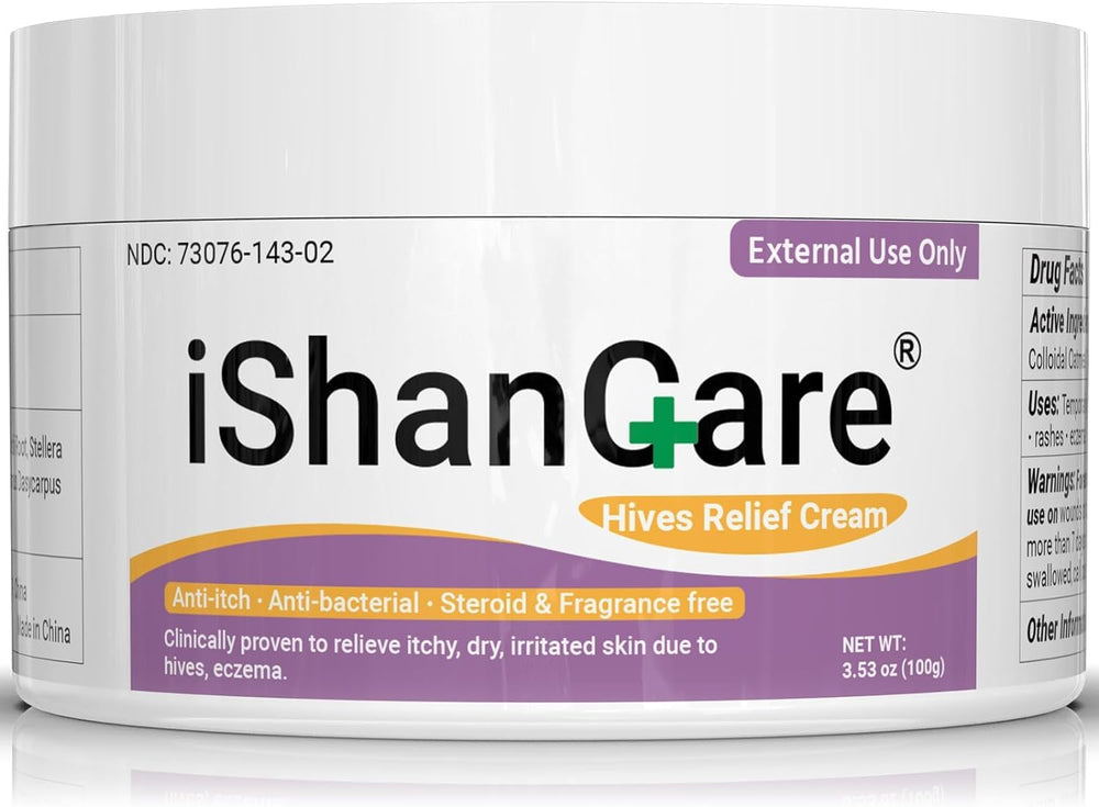 ishancare urticaria cream bottle closeup shows soothing, fast-acting relief promise