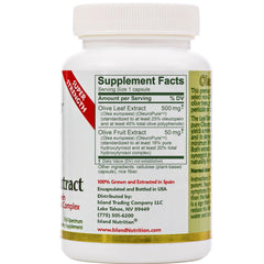 Island Nutrition olive leaf capsules close-up shows 500 mg strength and polyphenol richness.
