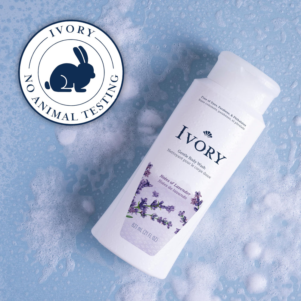 Ivory Lavender Body Wash label close-up emphasizes simple, mild cleansing formula