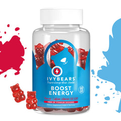 IvyBears Energy Boost Gummies bottle with mixed berry flavor label