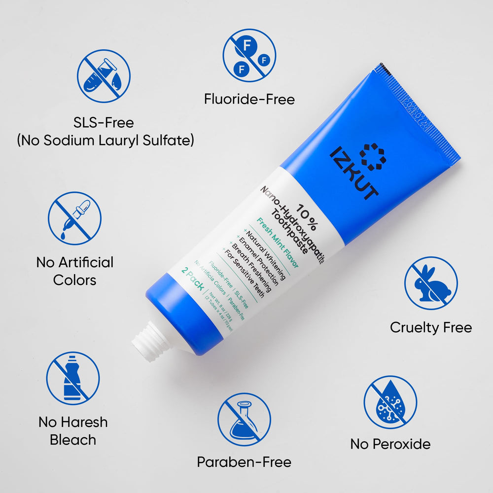 Badge indicating fluoride free and SLS free toothpaste
