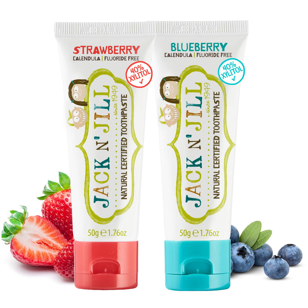 Jack N' Jill Natural Toddler Toothpaste packaging with Strawberry & Blueberry flavor