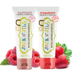 Two tubes of Jack N' Jill fluoride-free toddler toothpaste in strawberry-raspberry flavor